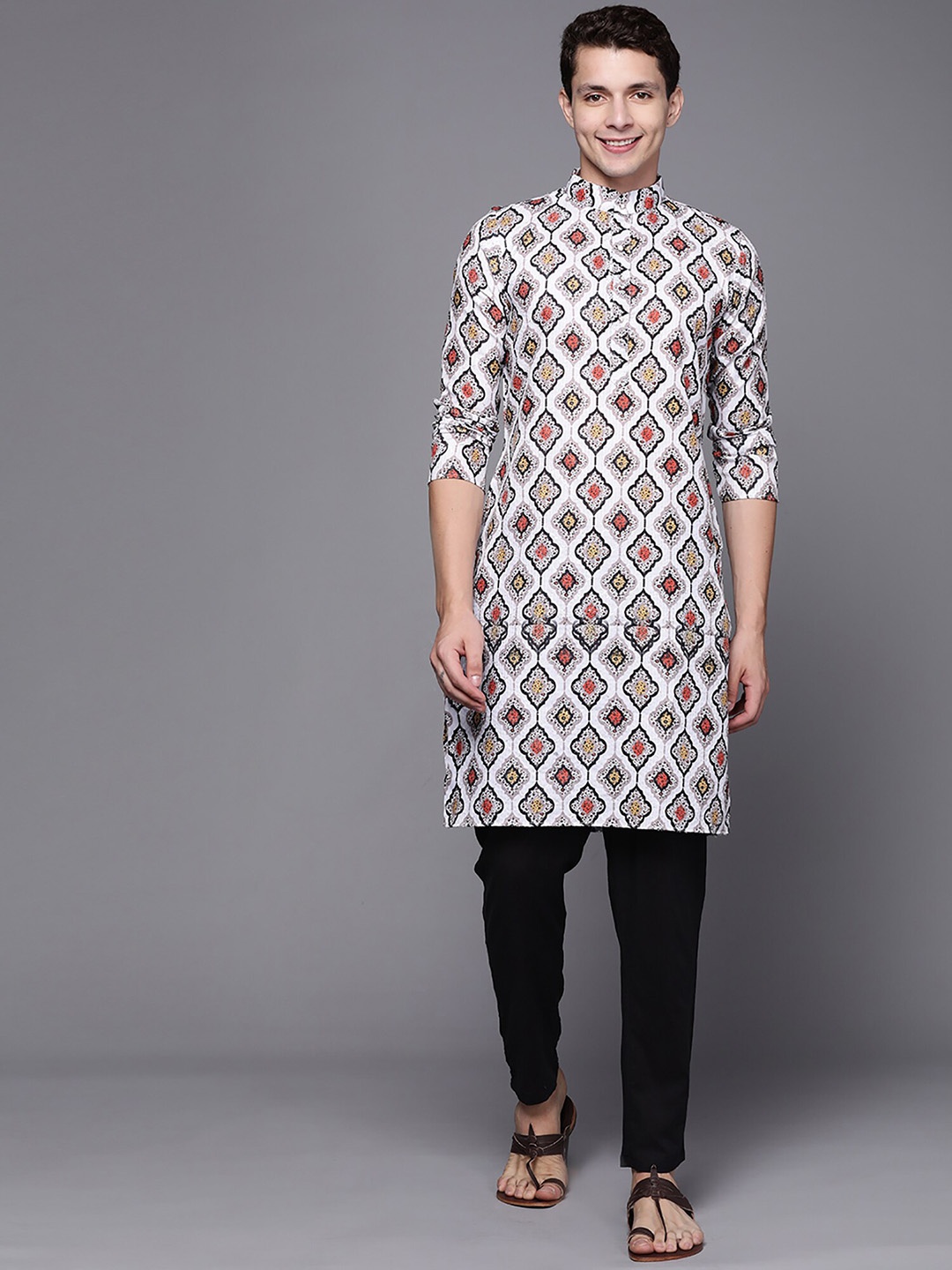 

Indo Era Ethnic Motifs Printed Thread Work Cotton Mandarin Collar Straight Kurta, White