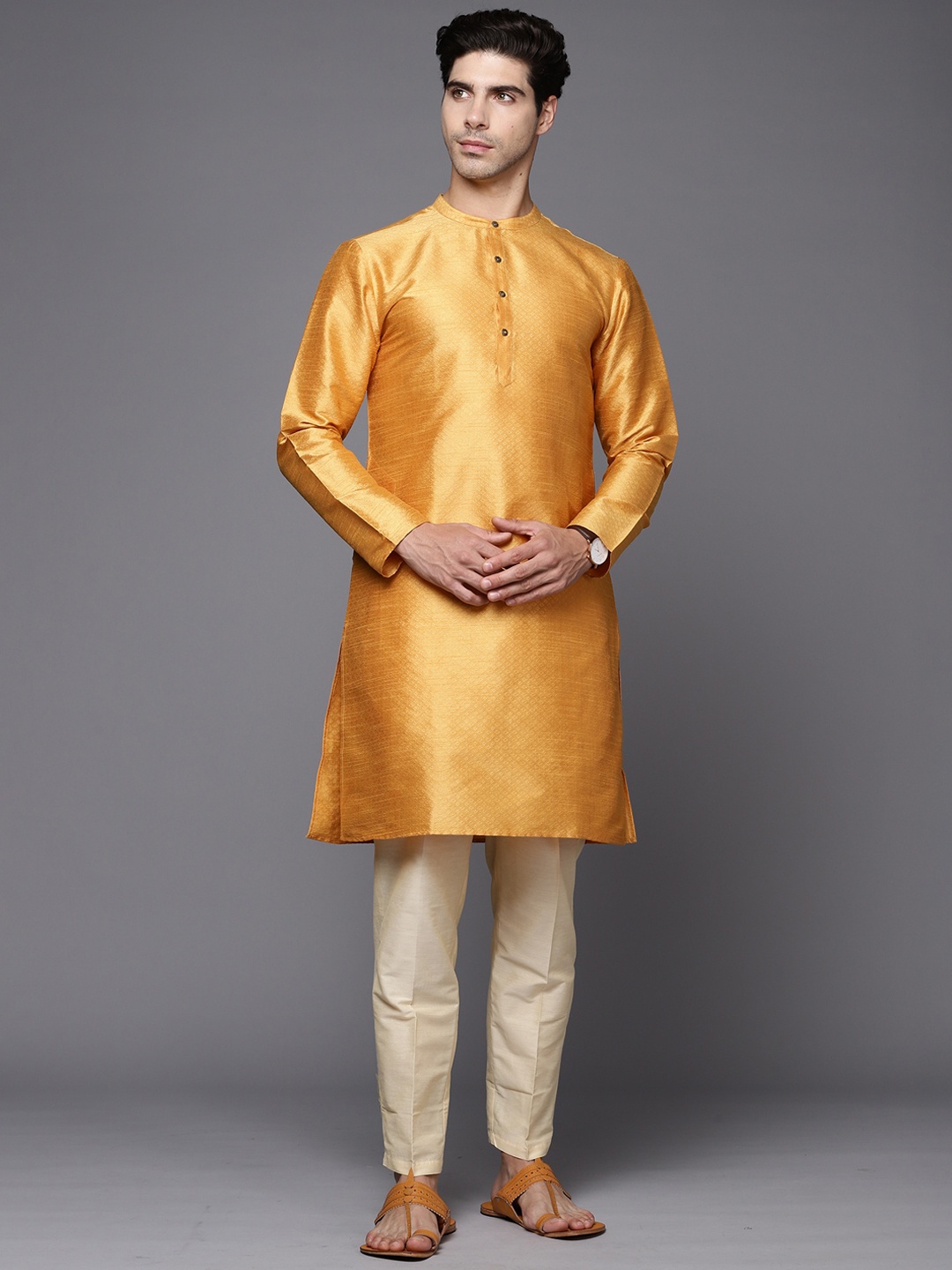 

Indo Era Woven Designed Band Collar Regular Straight Kurta, Yellow