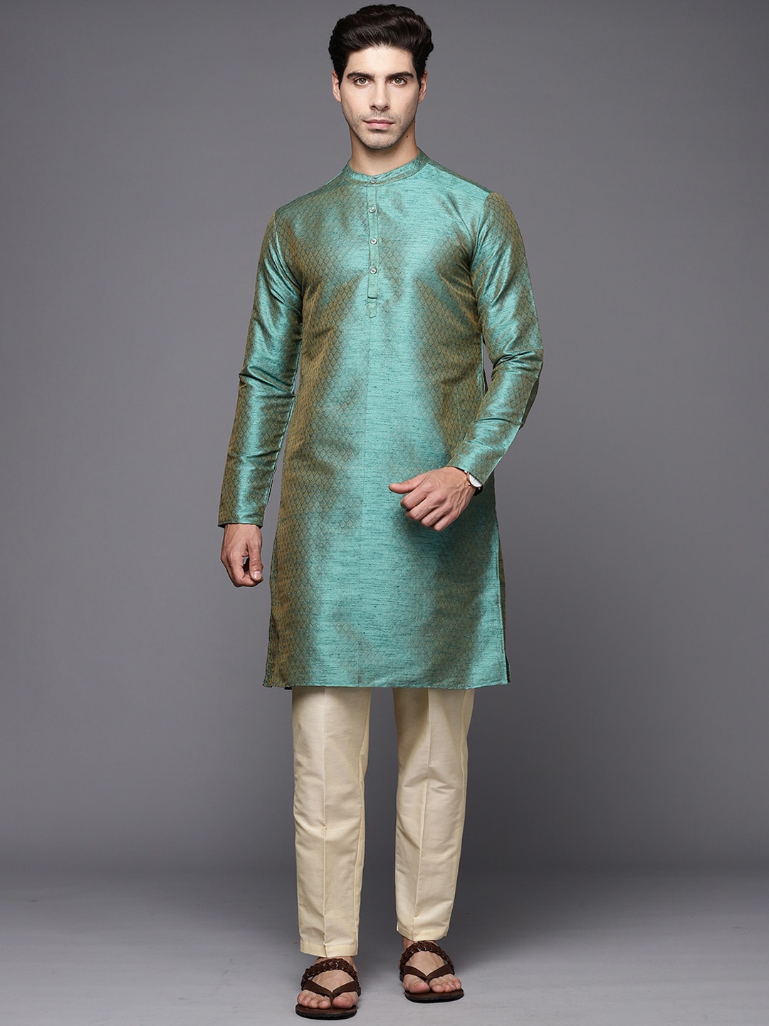 

Indo Era Ethnic Motifs Woven Design Jacquard Kurta, Green