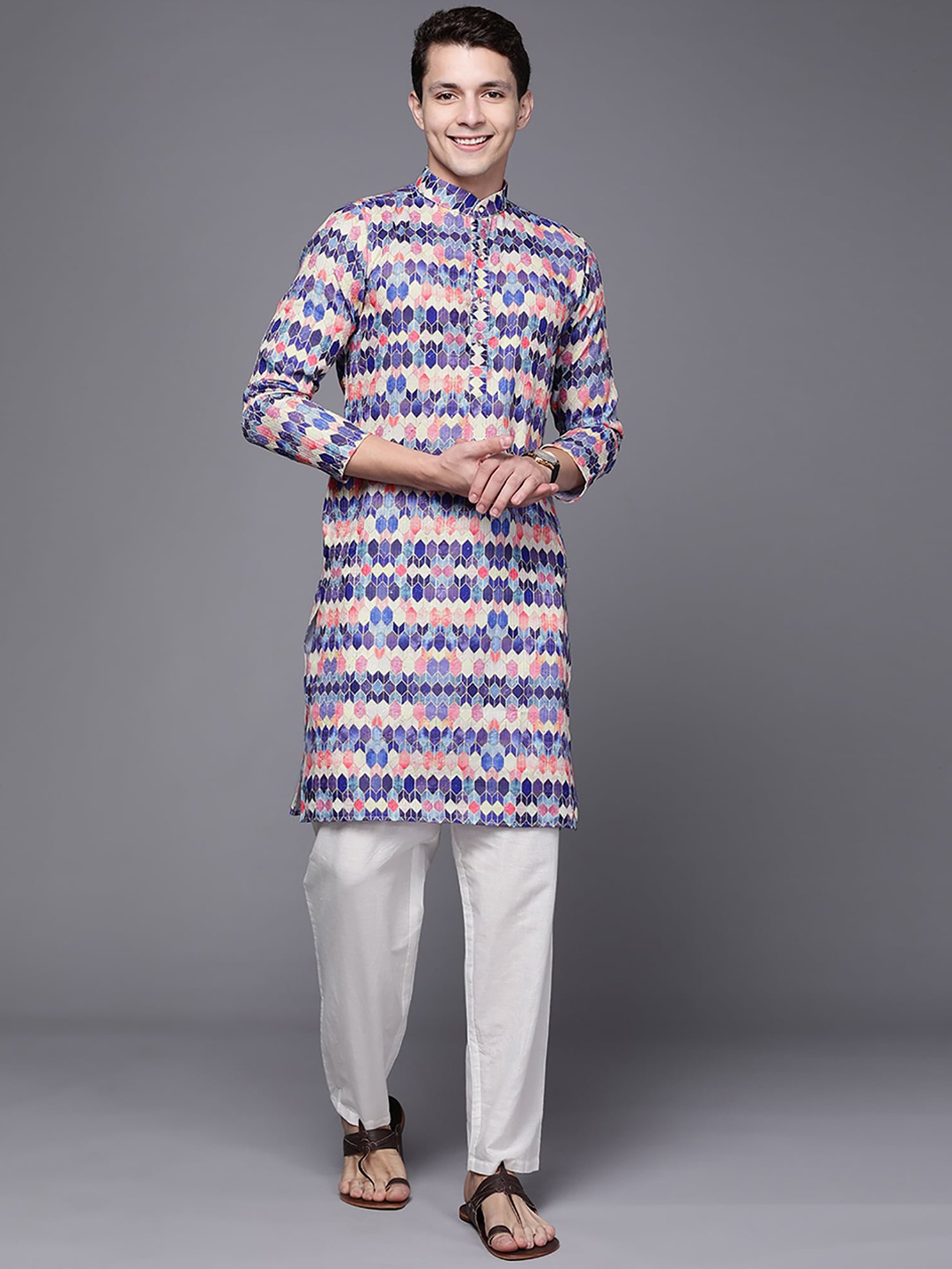 

Indo Era Geometric Printed Pure Cotton Kurta, Blue