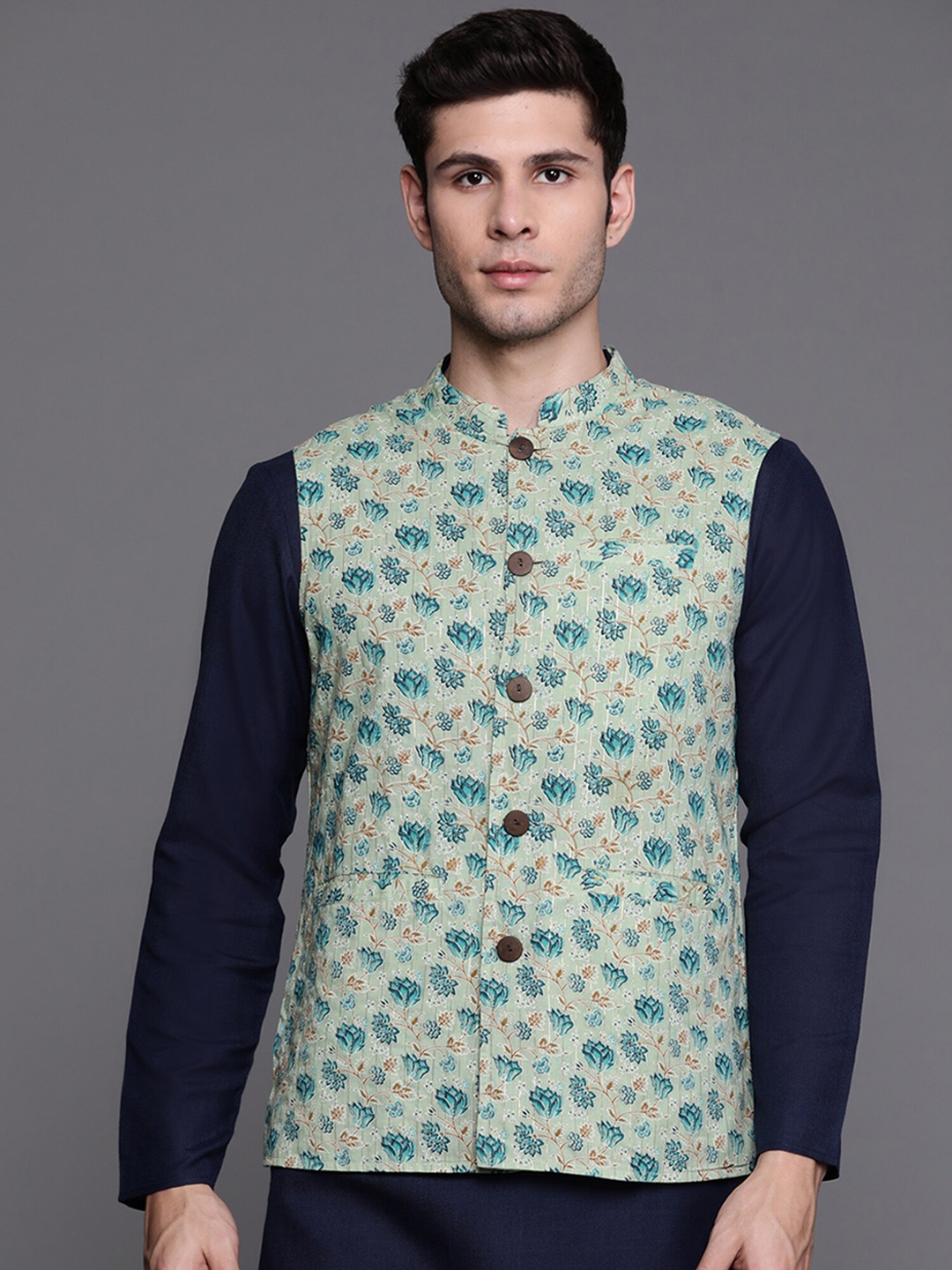 

Indo Era Sea Green Printed Mandarin Collar Pure Cotton Nehru Jacket