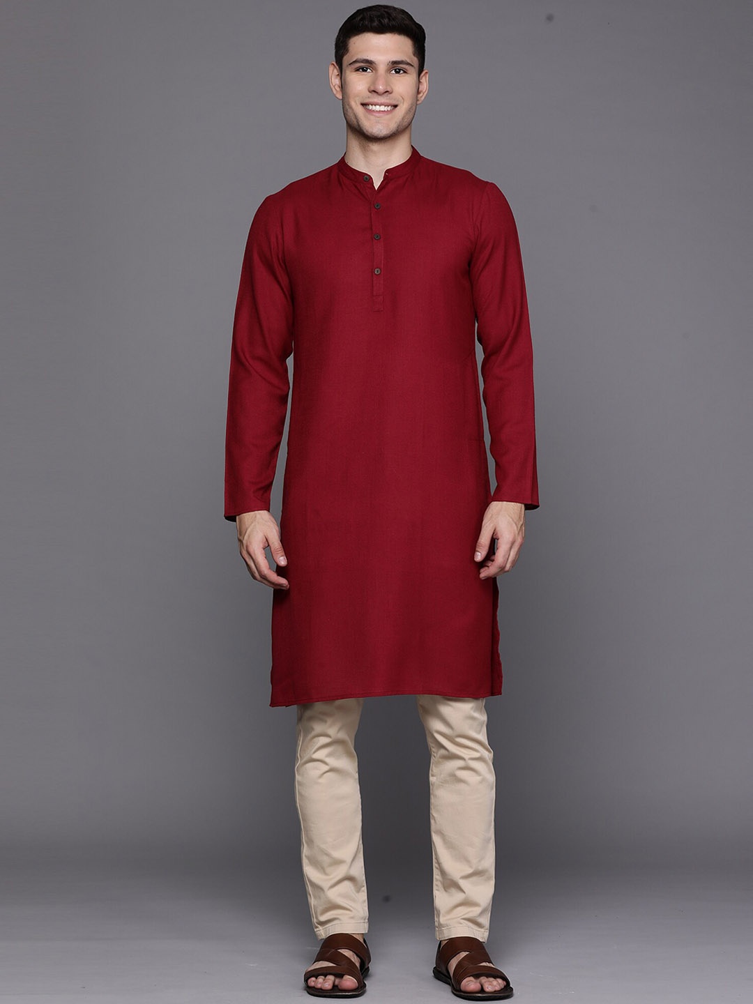 

Indo Era Band Collar Regular Straight Kurta, Maroon
