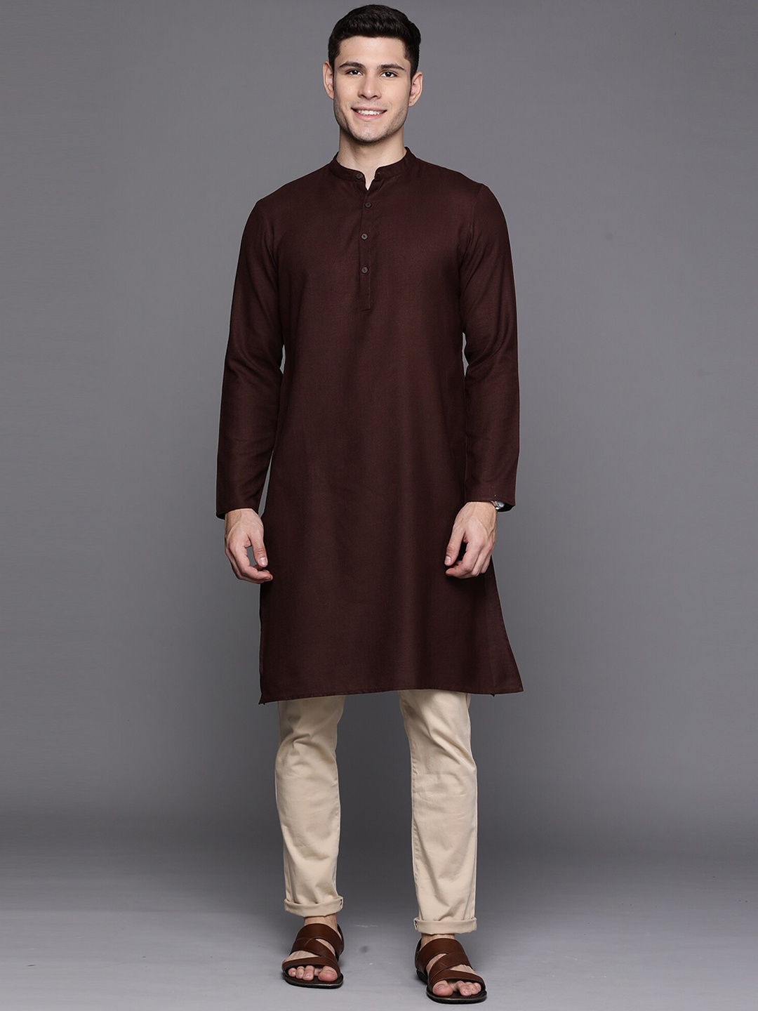 

Indo Era Mandarin Collar Straight Kurta, Brown