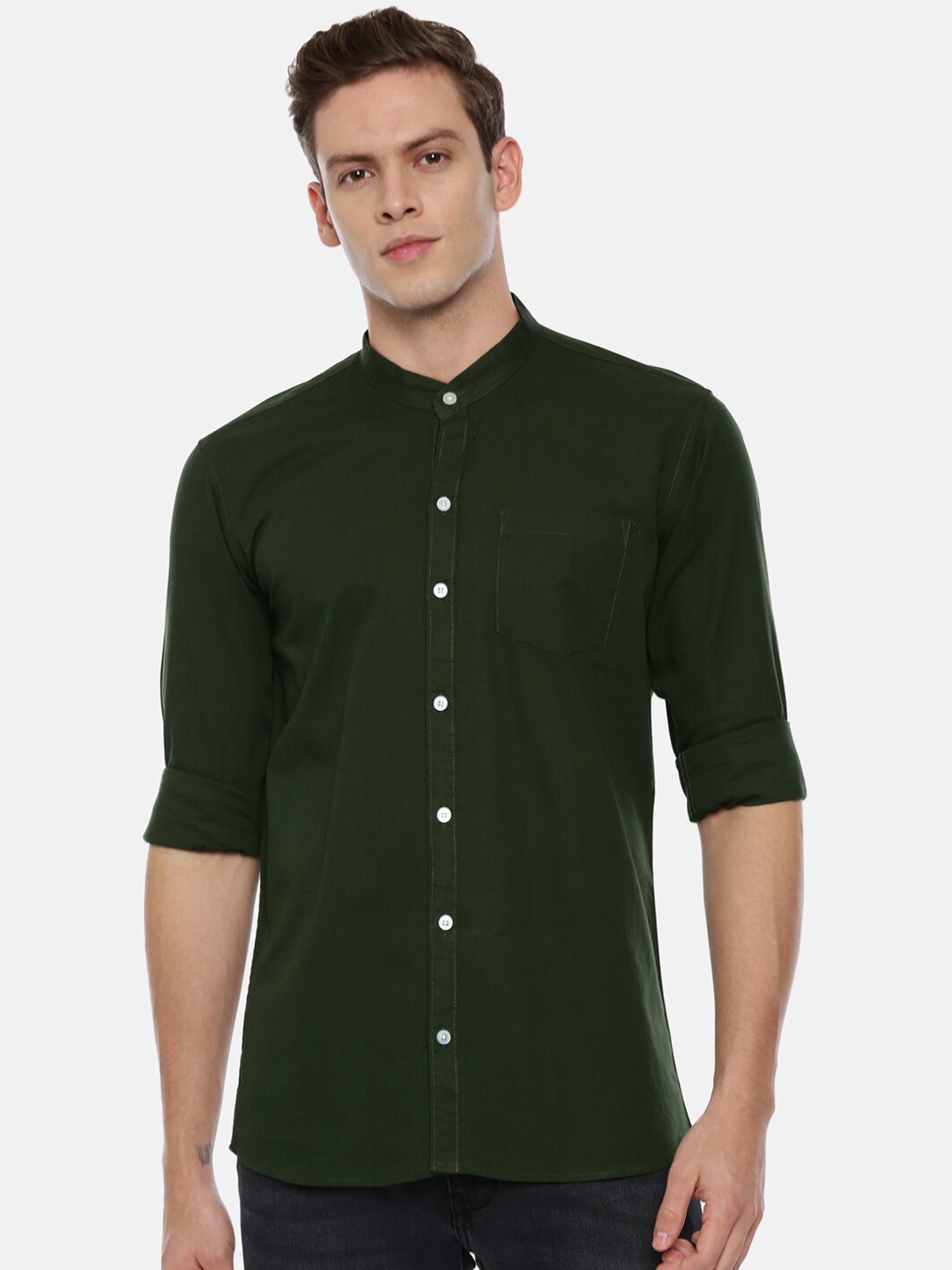 

ROLLER FASHIONS Mandarin Collar Cotton Casual Shirt, Green