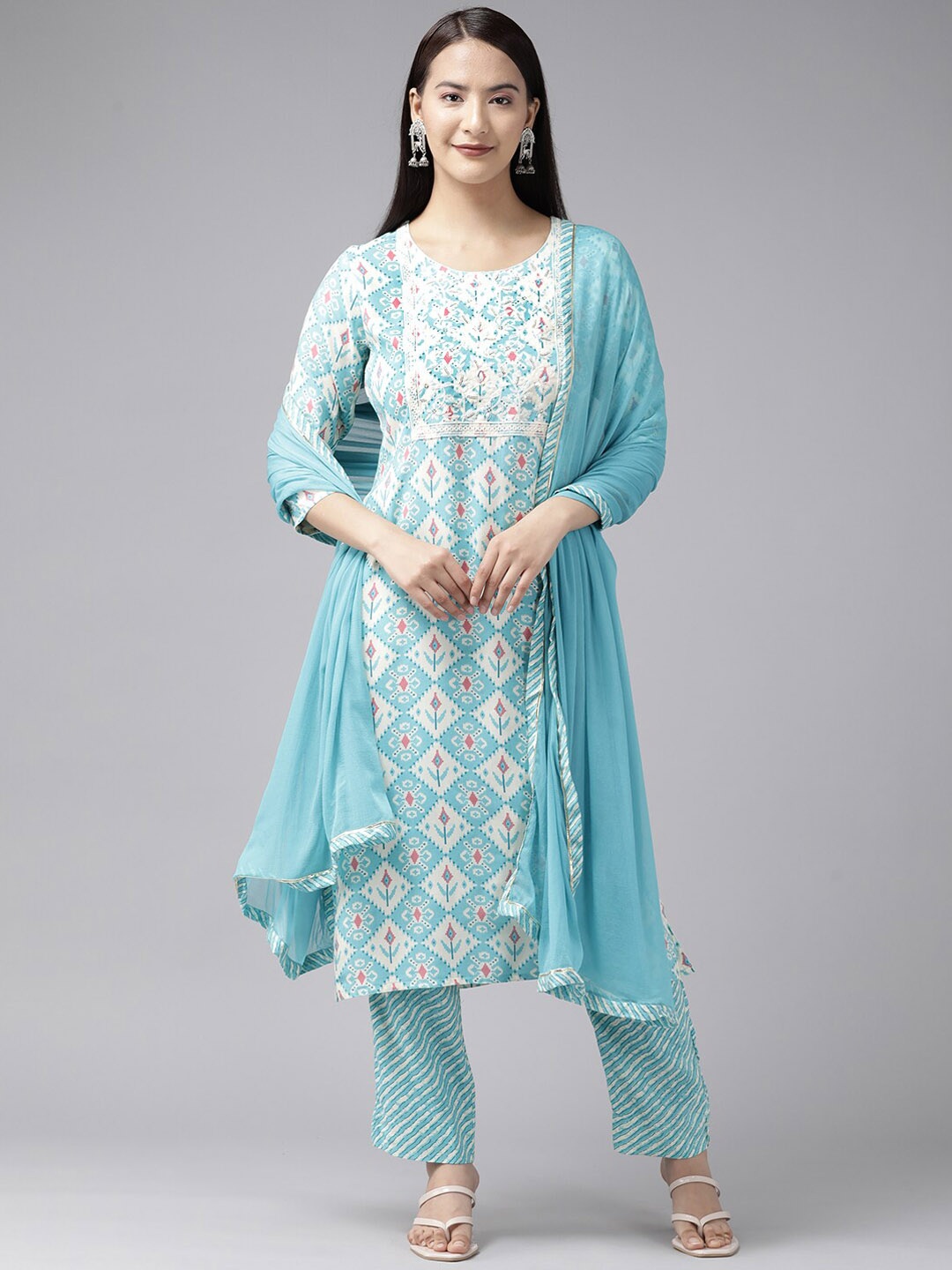 

BAESD Floral Printed Regular Thread Work Pure Cotton Kurta With Trousers & Dupatta, Turquoise blue