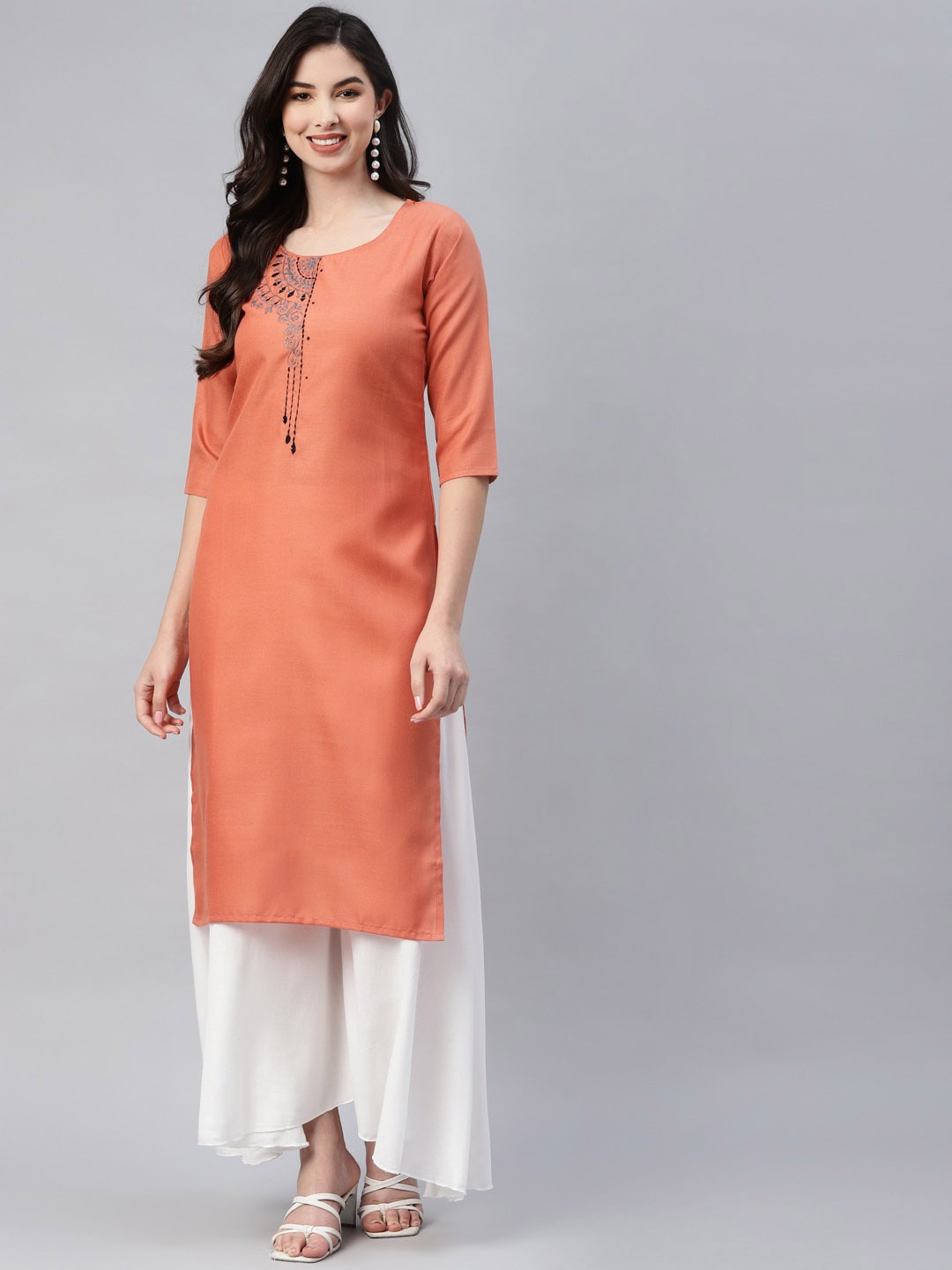 

BAESD Ethnic Motif Yoke Design Thread Work Straight Kurta, Orange