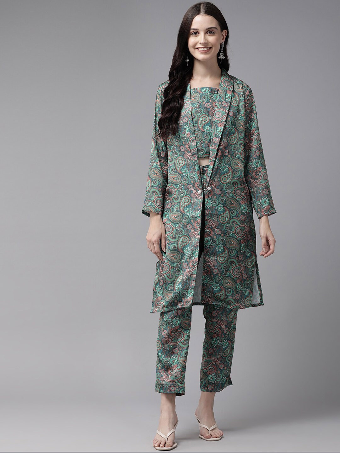 

BAESD Square Neck Printed Sleeveless Pure Cotton Top Waistcoat And Trouser, Green