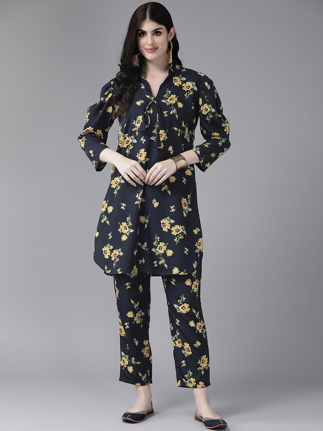 

BAESD Women Floral Printed Shirt Collar Pure Cotton Kurti With Trousers, Navy blue