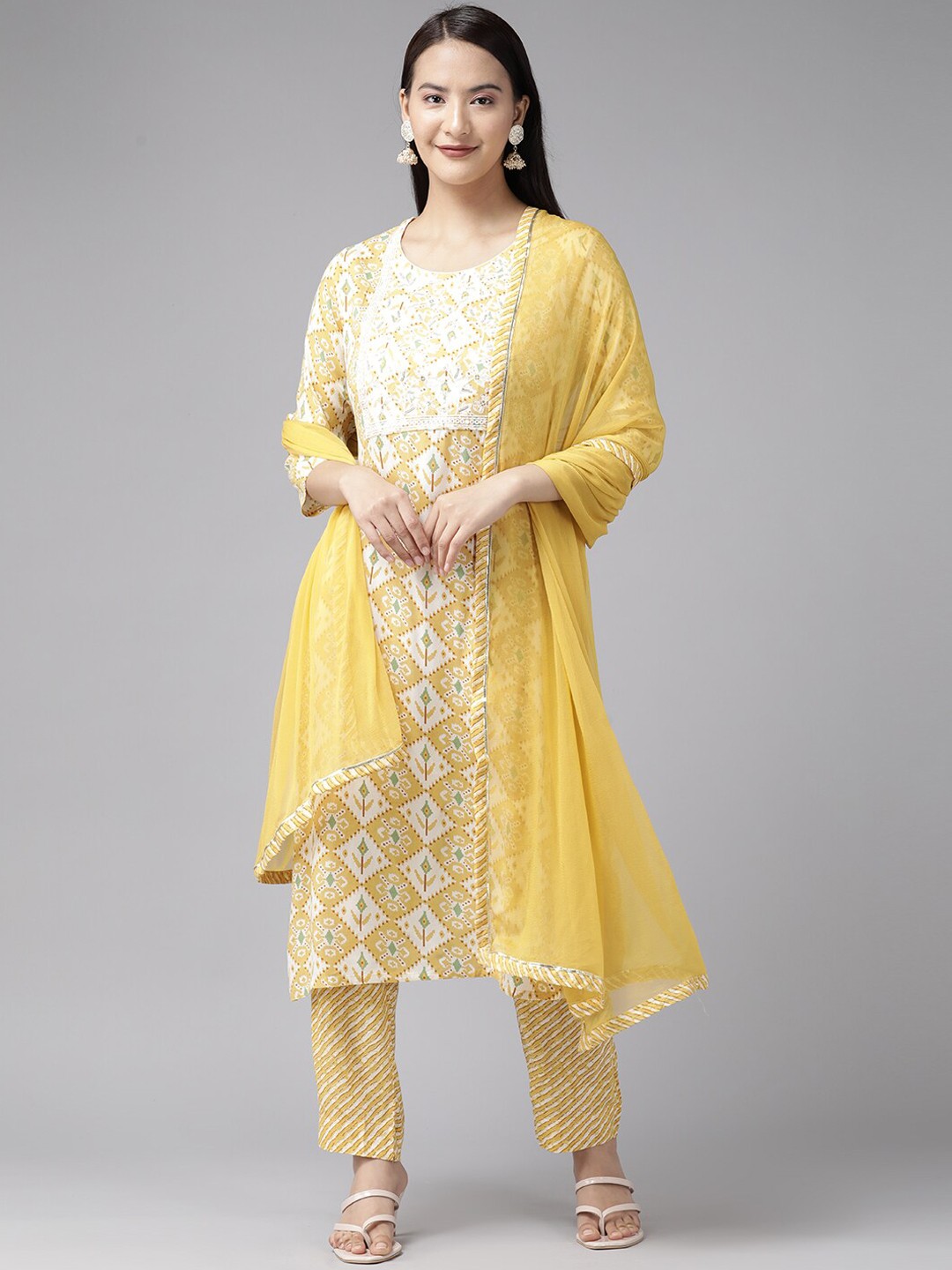 

BAESD Geometric Printed Thread Work Pure Cotton Kurta With Trouser & Dupatta, Yellow