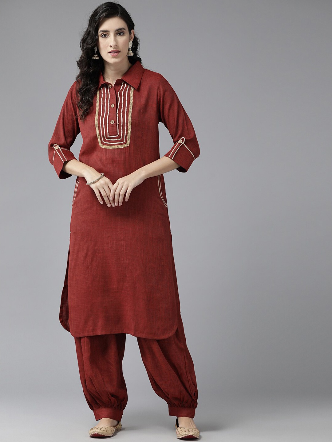 

BAESD Women Yoke Design Regular Gotta Patti Pure Cotton Kurta with Salwar, Maroon