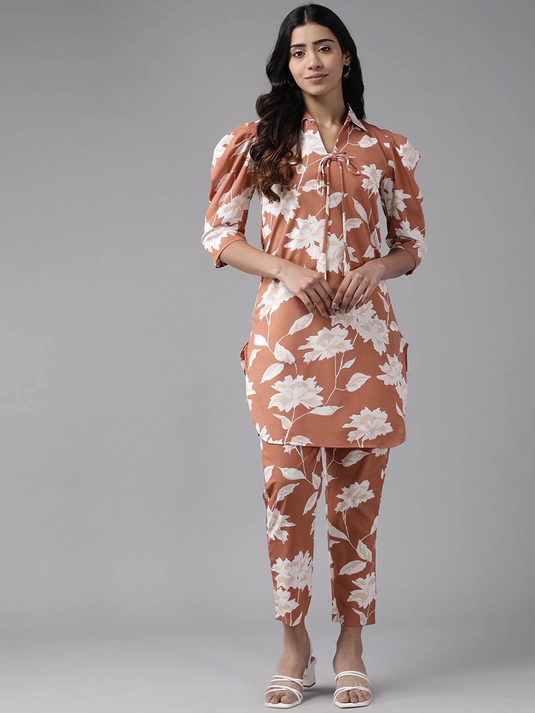 

BAESD Floral Printed Pure Cotton Top and Trousers Co-ords, Brown