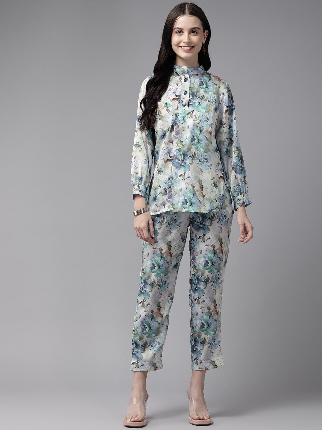 

BAESD Printed Regular Pure Cotton Top with Trousers, Turquoise blue
