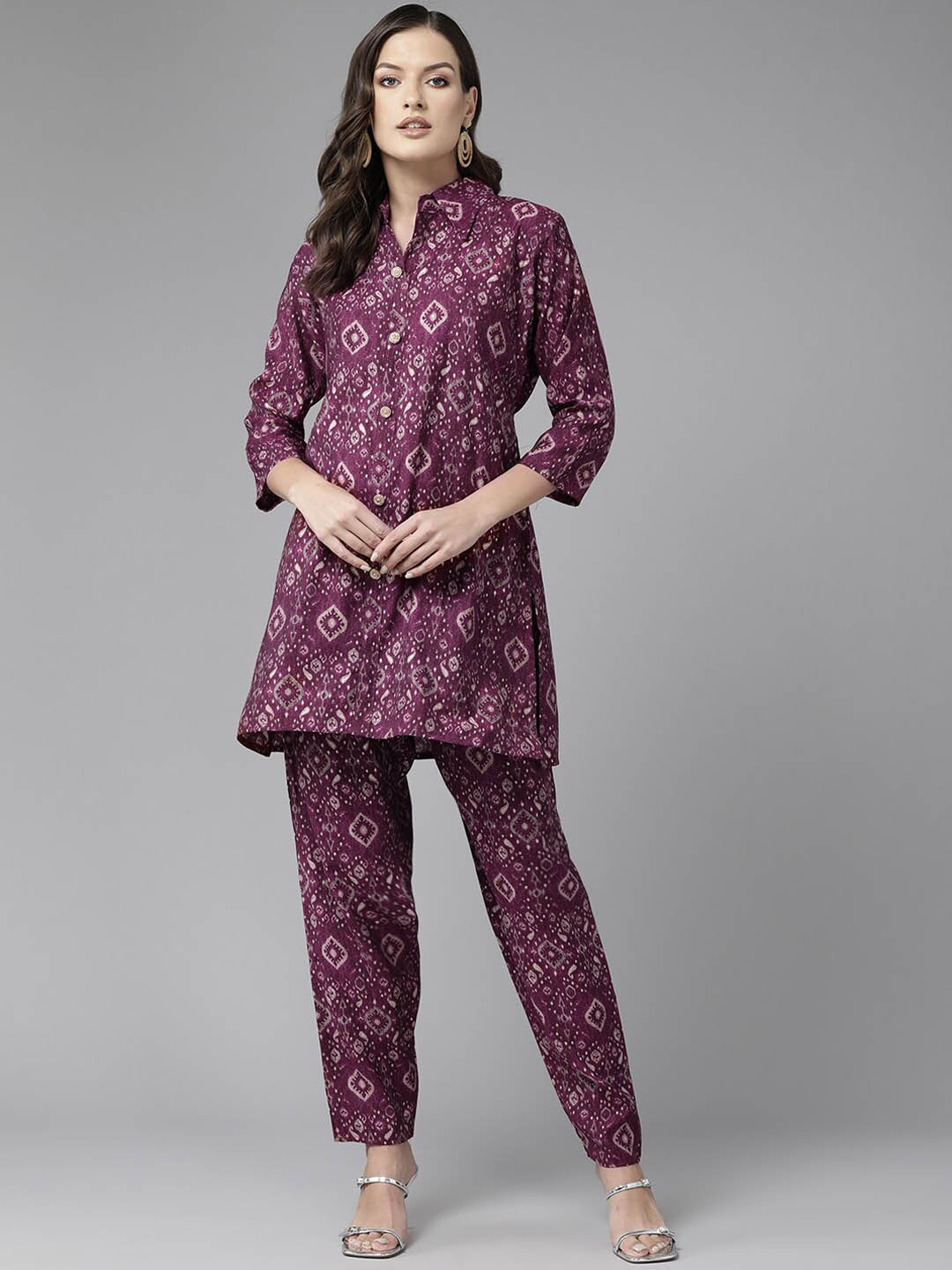 

BAESD Ethnic Motifs Printed Pure Cotton Top and Trousers Co-ords, Purple