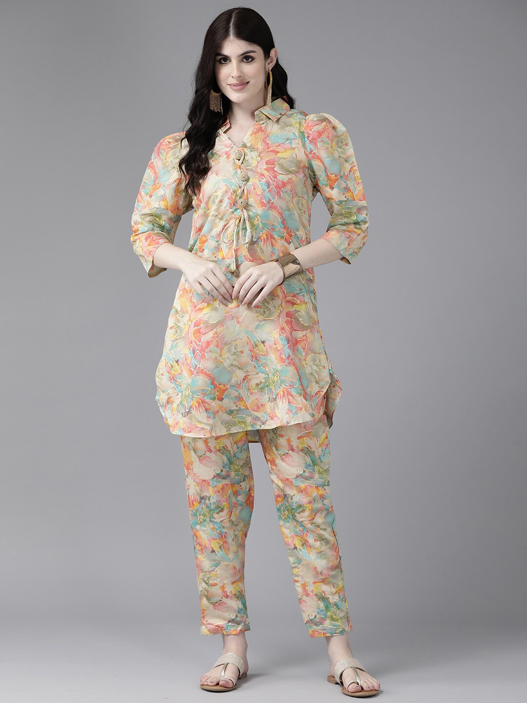 

BAESD Floral Printed Regular Pure Cotton Tunic With Trousers, Peach