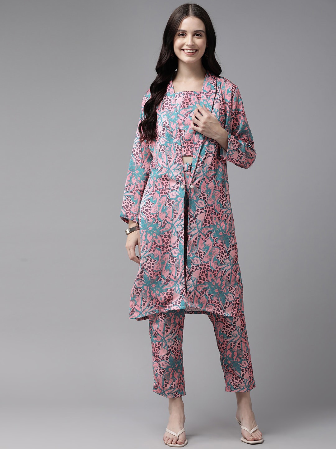 

BAESD Floral Printed Pure Cotton Top and Trousers with Shrug Co-ords, Pink