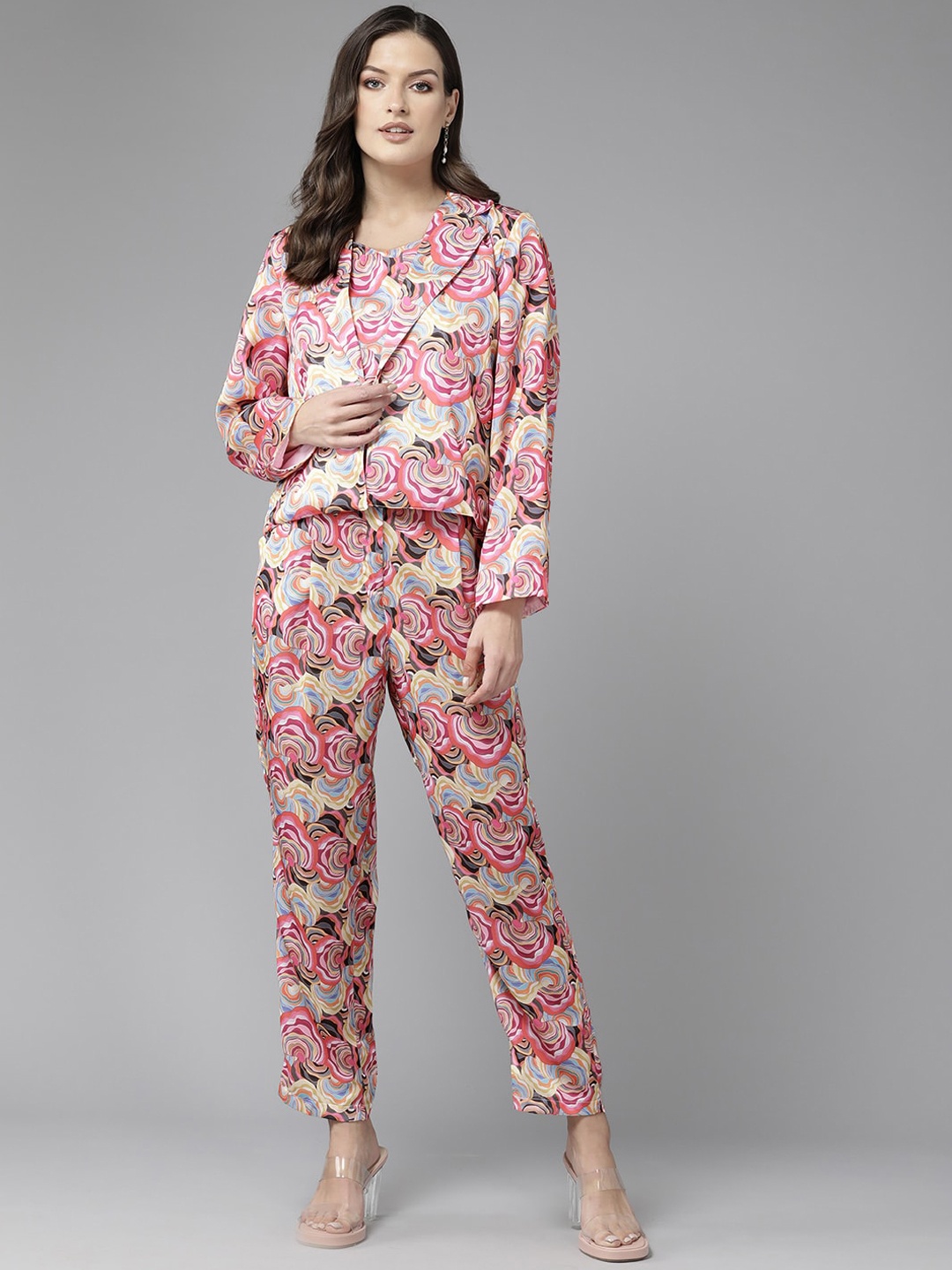 

BAESD Abstract Printed Pure Silk Top With Trousers & Blazer Co-Ords Set, Pink