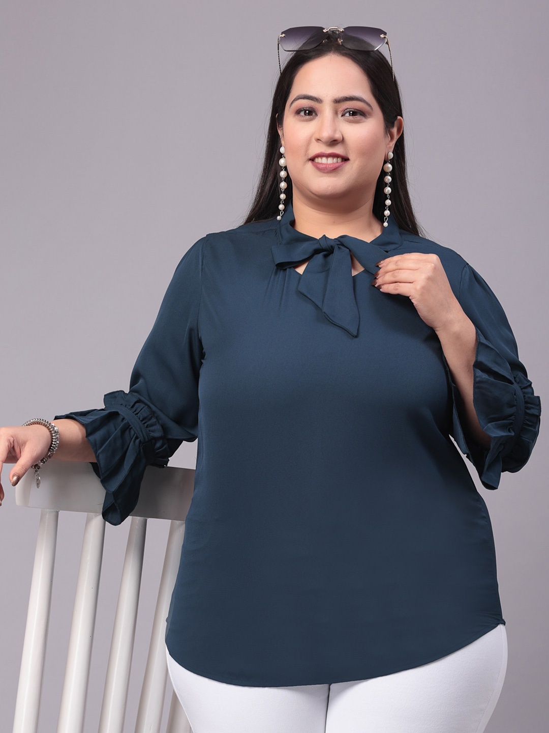 

Style Quotient Plus Size Tie-Up Neck Bell Sleeve Top, Navy blue