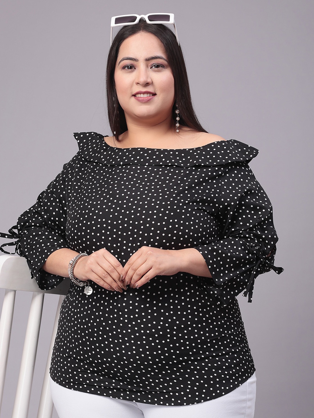 

Style Quotient Plus Size Polka Dot Printed Boat Neck Top, Black