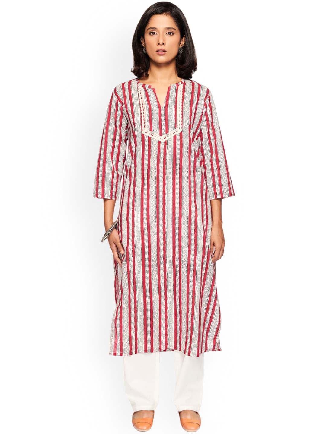 

KAHVA Striped Printed Straight Pure Cotton Kurta With Trousers & Dupatta, Red