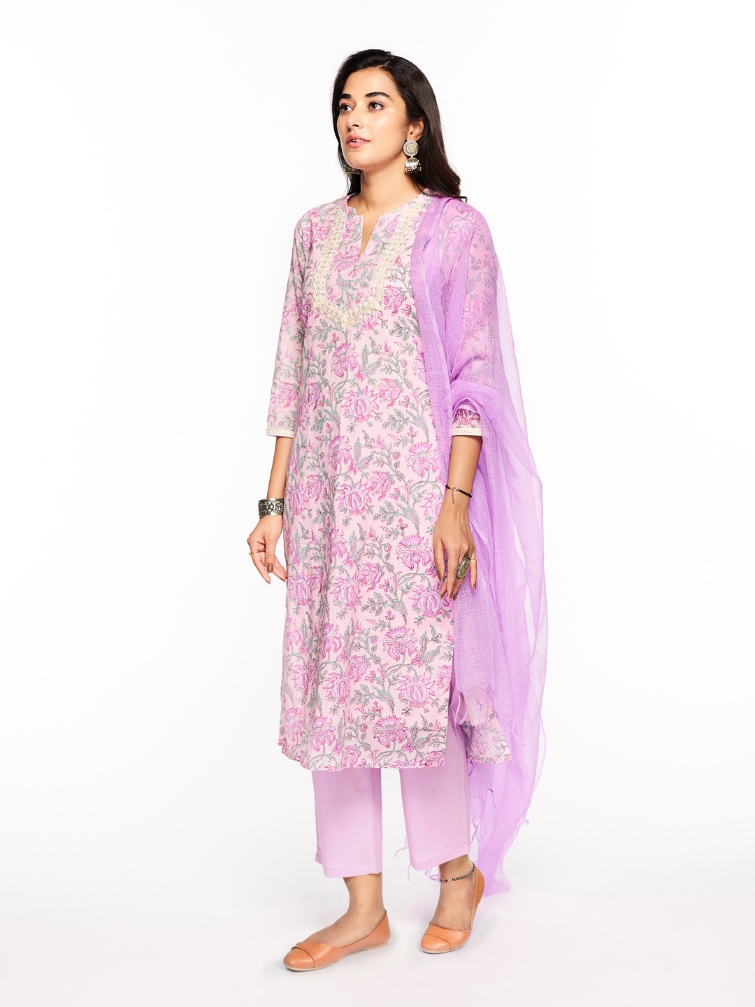 

KAHVA Floral Printed Regular Pure Cotton Kurta with Trouser & Dupatta, Mauve