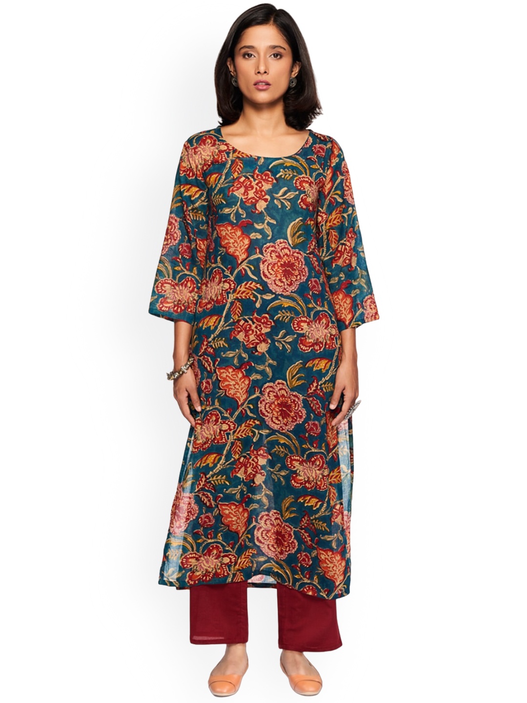 

KAHVA Floral Printed Round Neck Straight Pure Cotton Kurta With Trousers & Dupatta, Blue