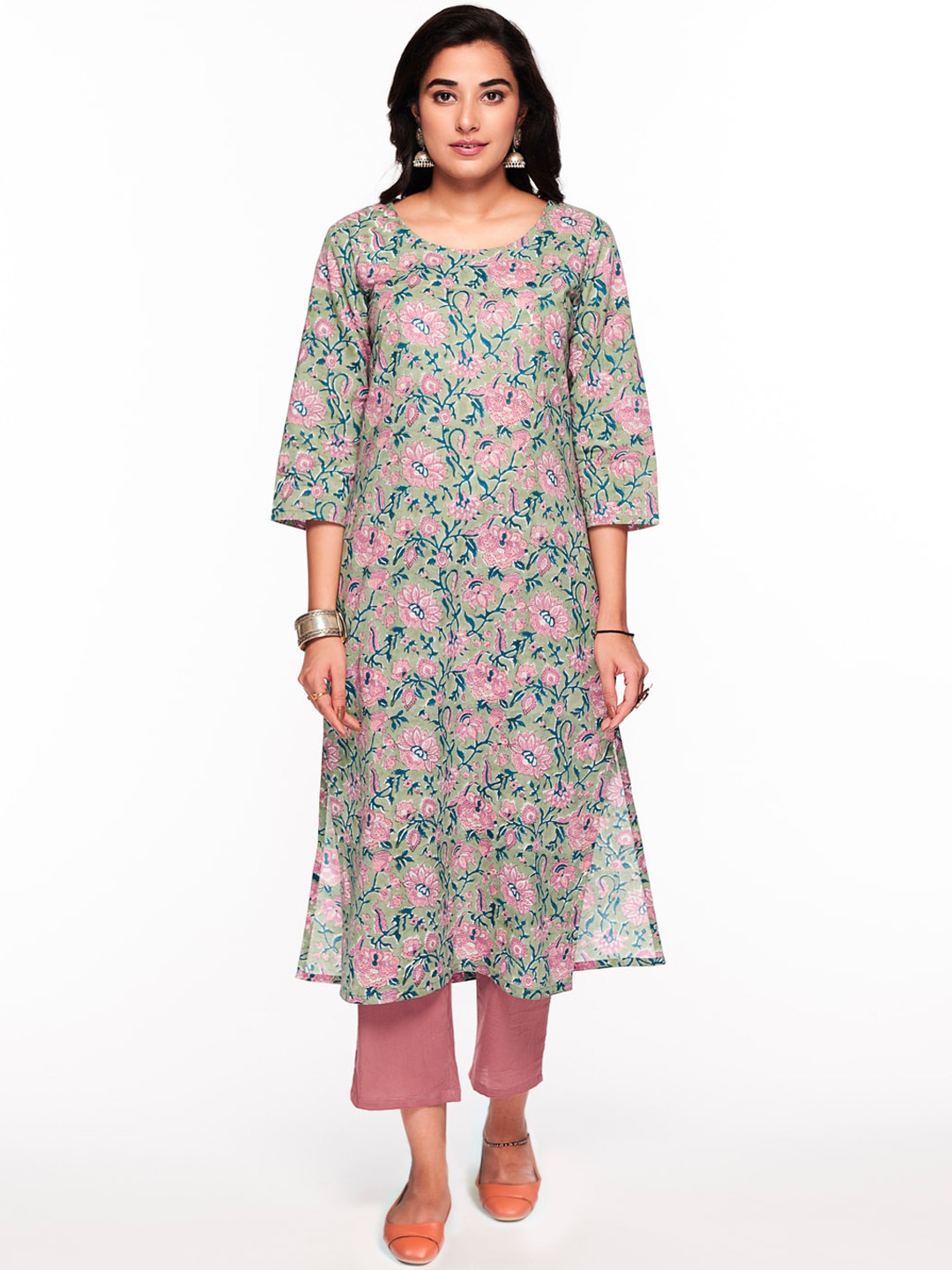 

KAHVA Floral Printed Straight Pure Cotton Kurta With Trousers & Dupatta, Green