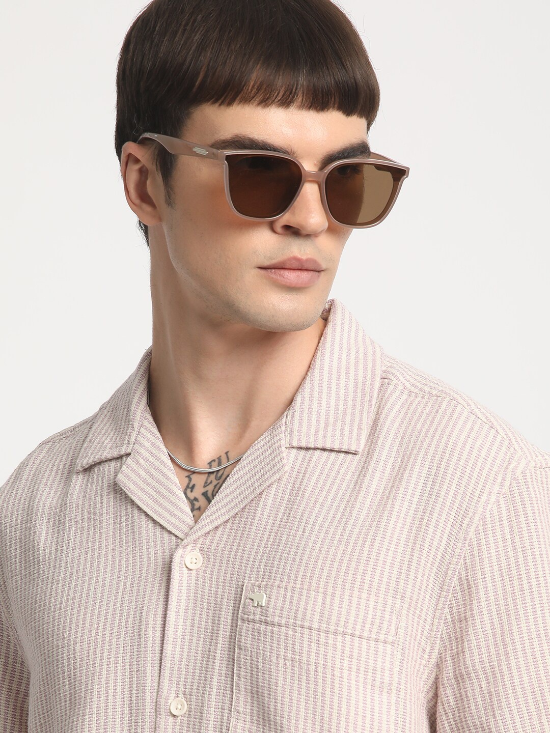 

THE BEAR HOUSE Opaque Striped Cotton Casual Shirt, Purple