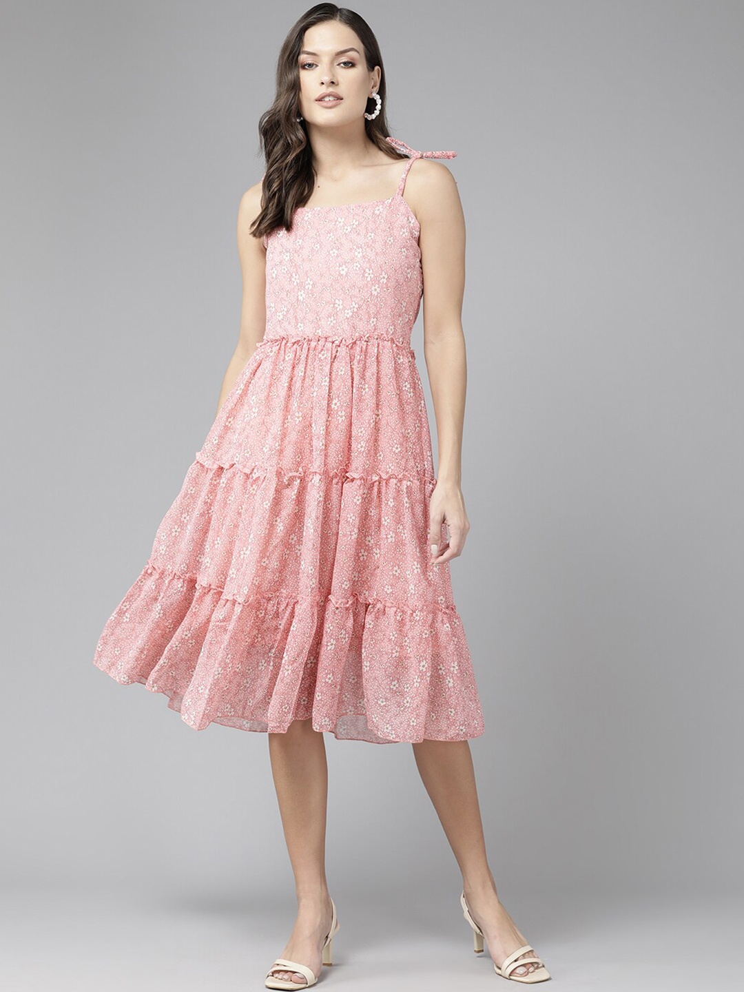 

BAESD Floral Printed Georgette Tiered A-Line Dress, Peach