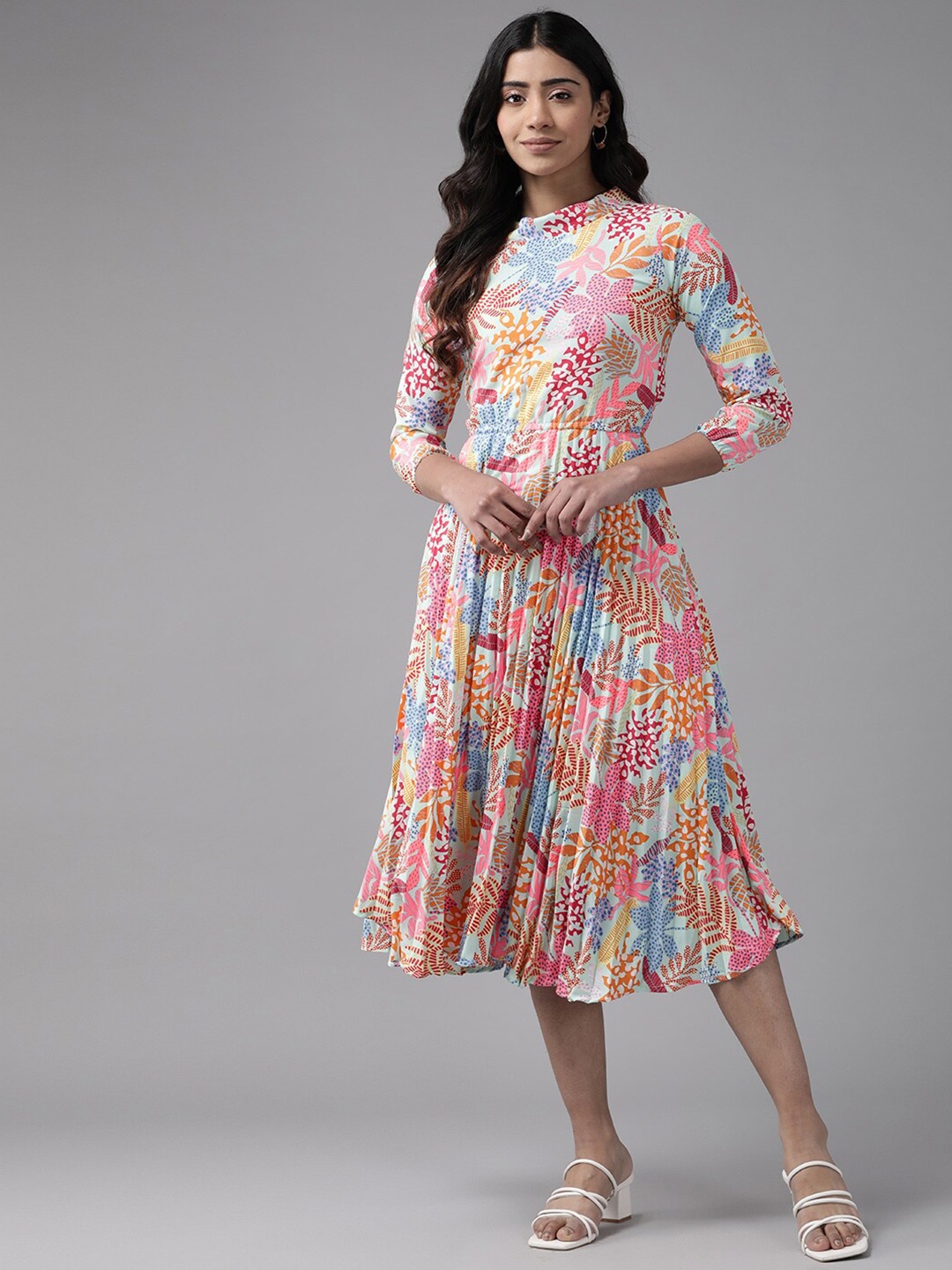 

BAESD Floral Print High Neck Pleated Georgette A-Line Dress, Pink