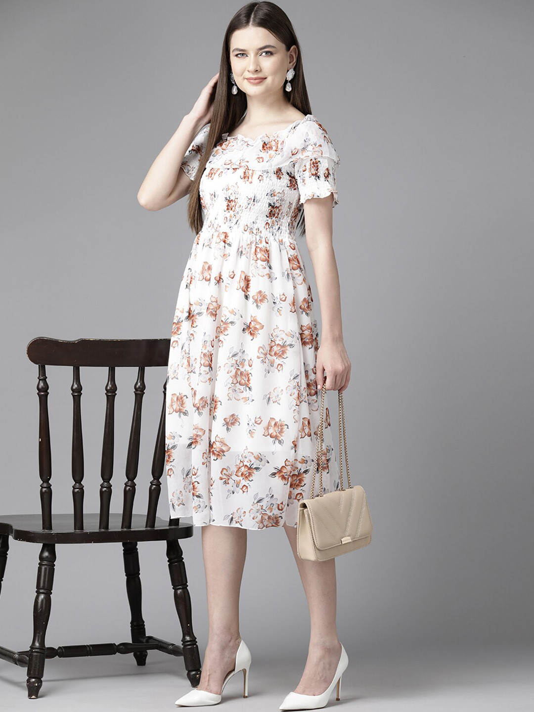 

BAESD Round Neck Floral Printed Flutter Sleeve Georgette Fit & Flare Midi Dress, White