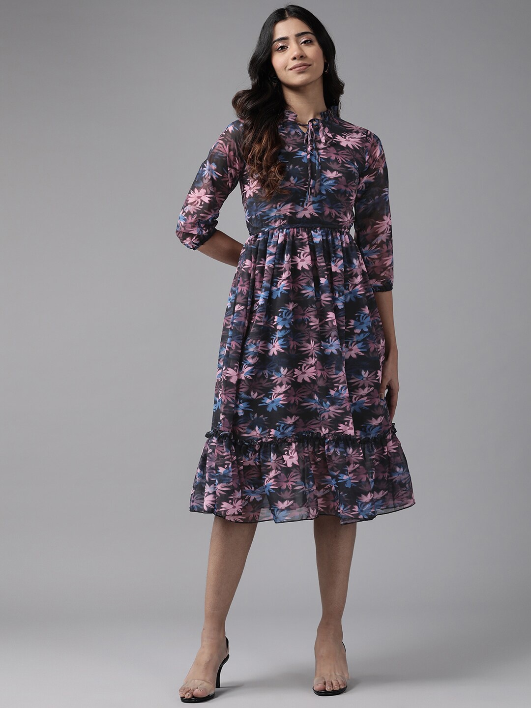 

BAESD Floral Printed Mandarin Collar Puff Sleeve Georgette Fit & Flare Midi Dress, Black