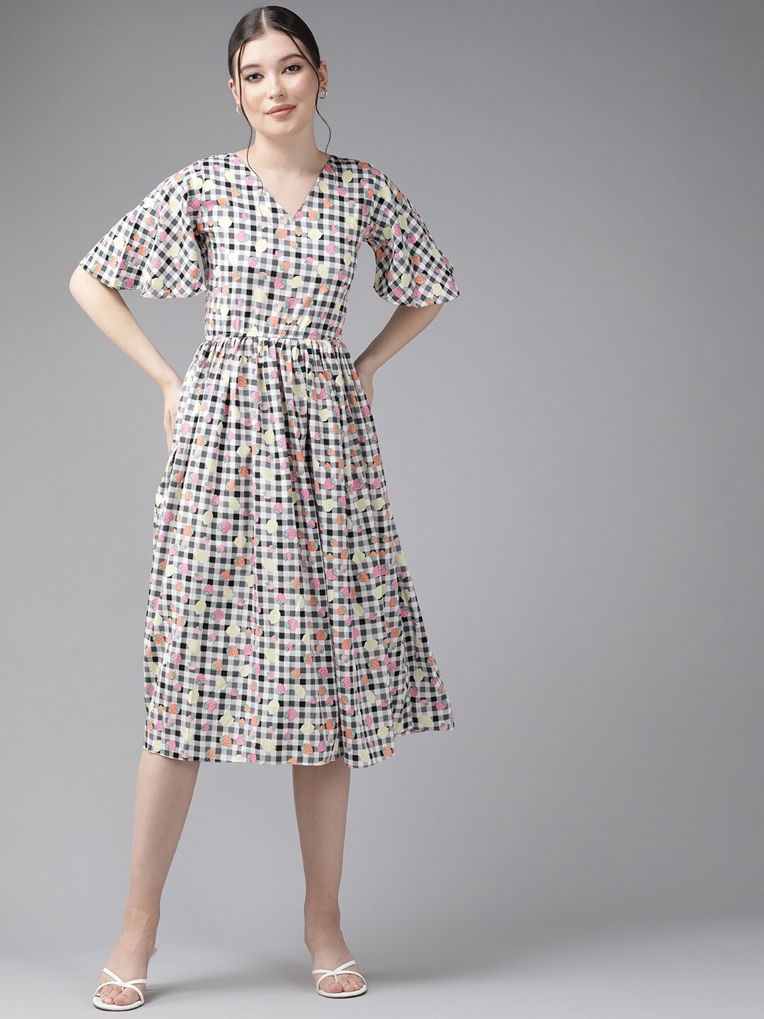 

BAESD V-Neck Checked Printed Flared Sleeve Georgette A-Line Midi Dress, Multi