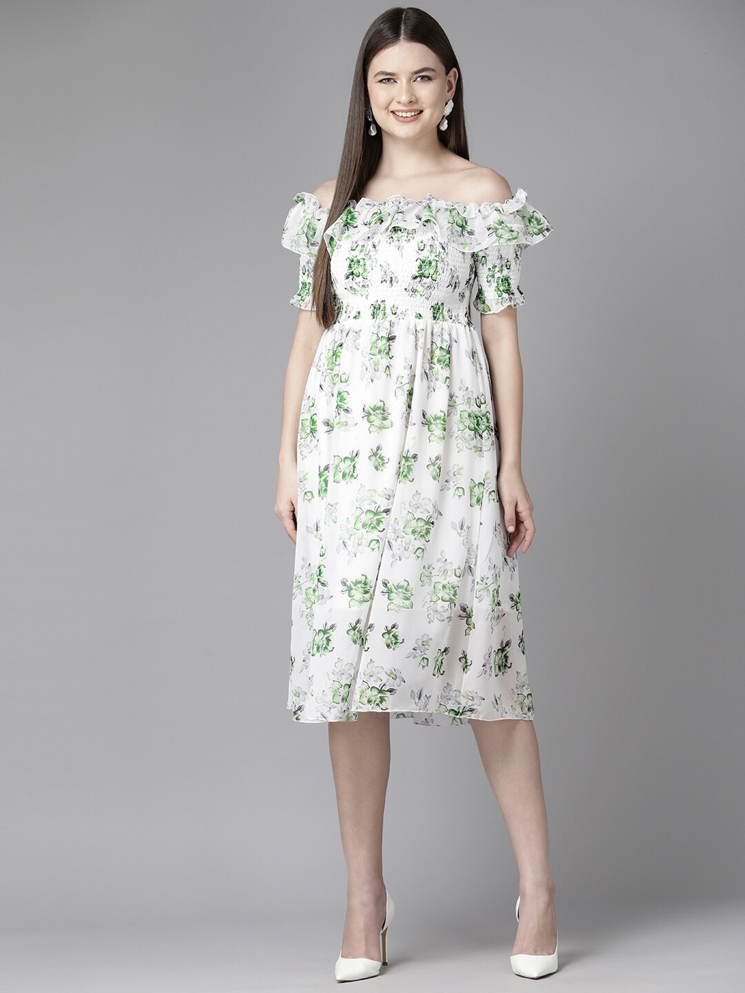 

BAESD Floral Print Cold-Shoulder Georgette A-Line Midi Dress, White