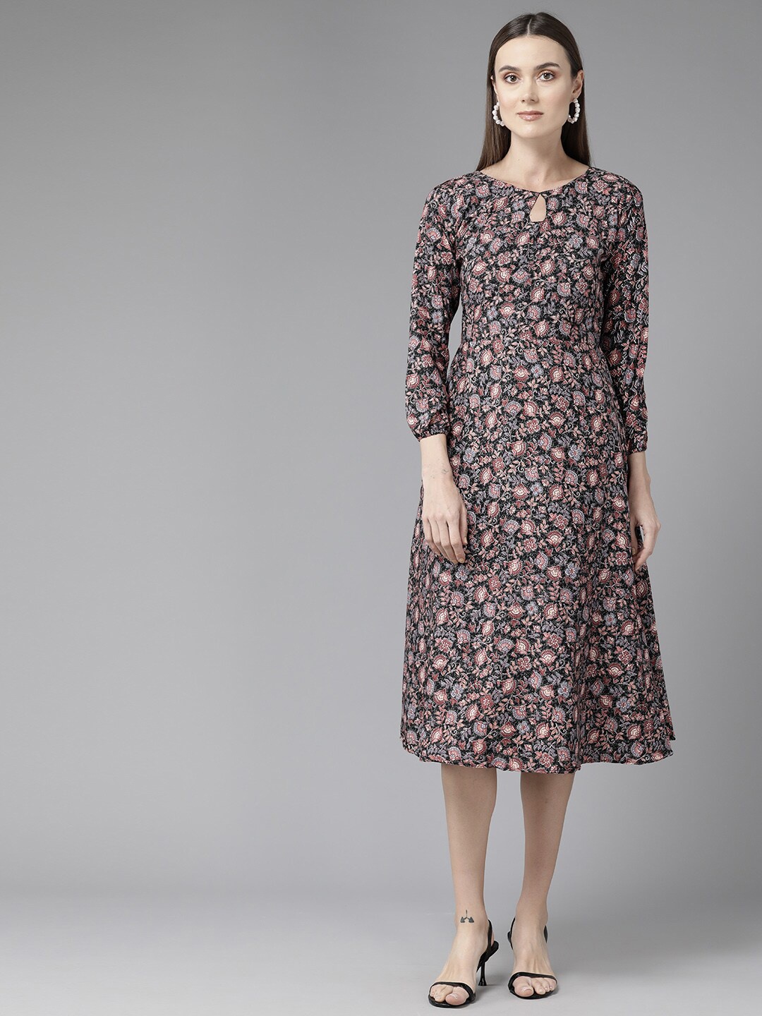 

BAESD Round Neck Floral Printed Georgette A-Line Midi Dress, Black