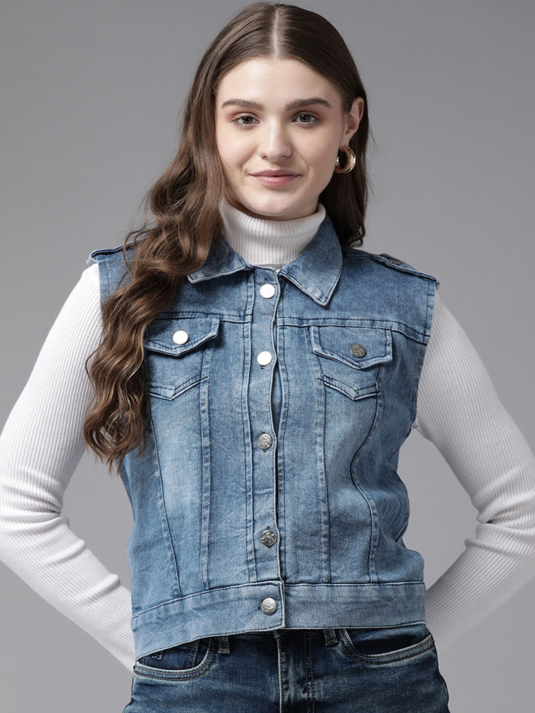 

BAESD Washed Spread Collar Windcheater Cotton Crop Denim Jacket, Blue