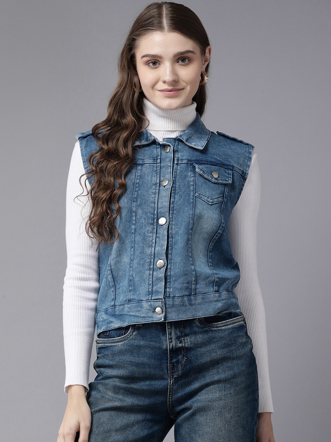 

BAESD Washed Spread Collar Windcheater Cotton Denim Jacket, Blue