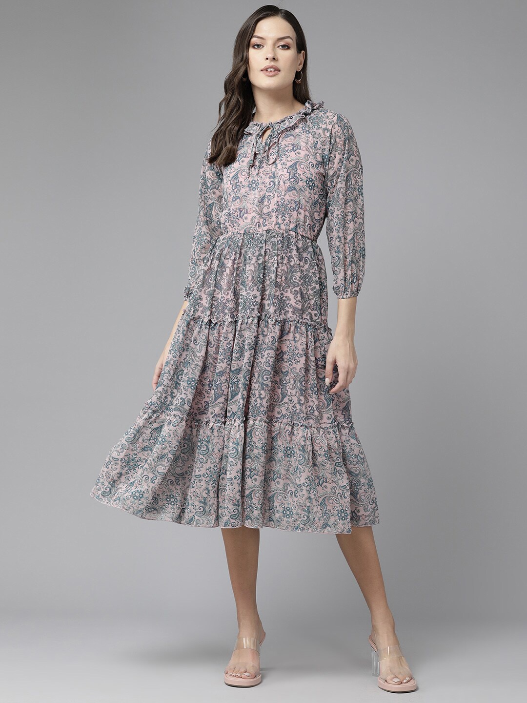 

BAESD Floral Print Puff Sleeve Georgette A-Line Midi Dress, Grey