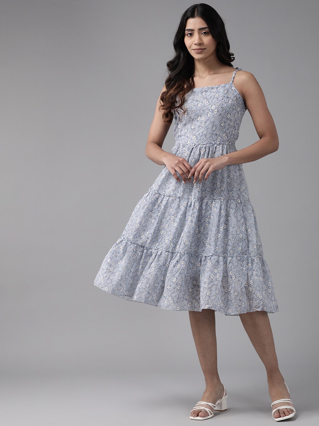 

BAESD Floral Print Georgette Shoulder Straps Blouson Maxi Dress, Blue