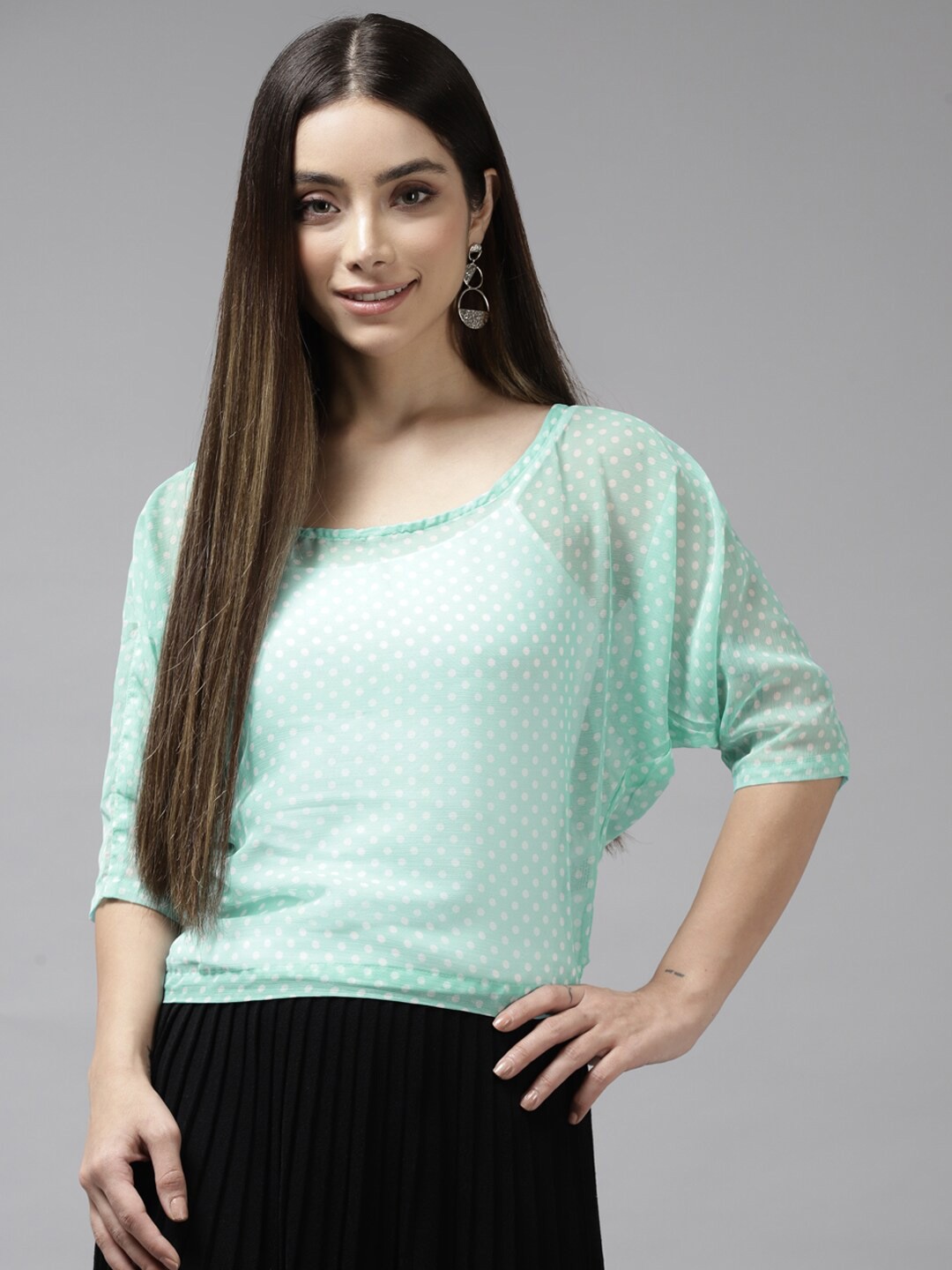 

BAESD Polka Dot Printed Boat Neck Top, Turquoise blue