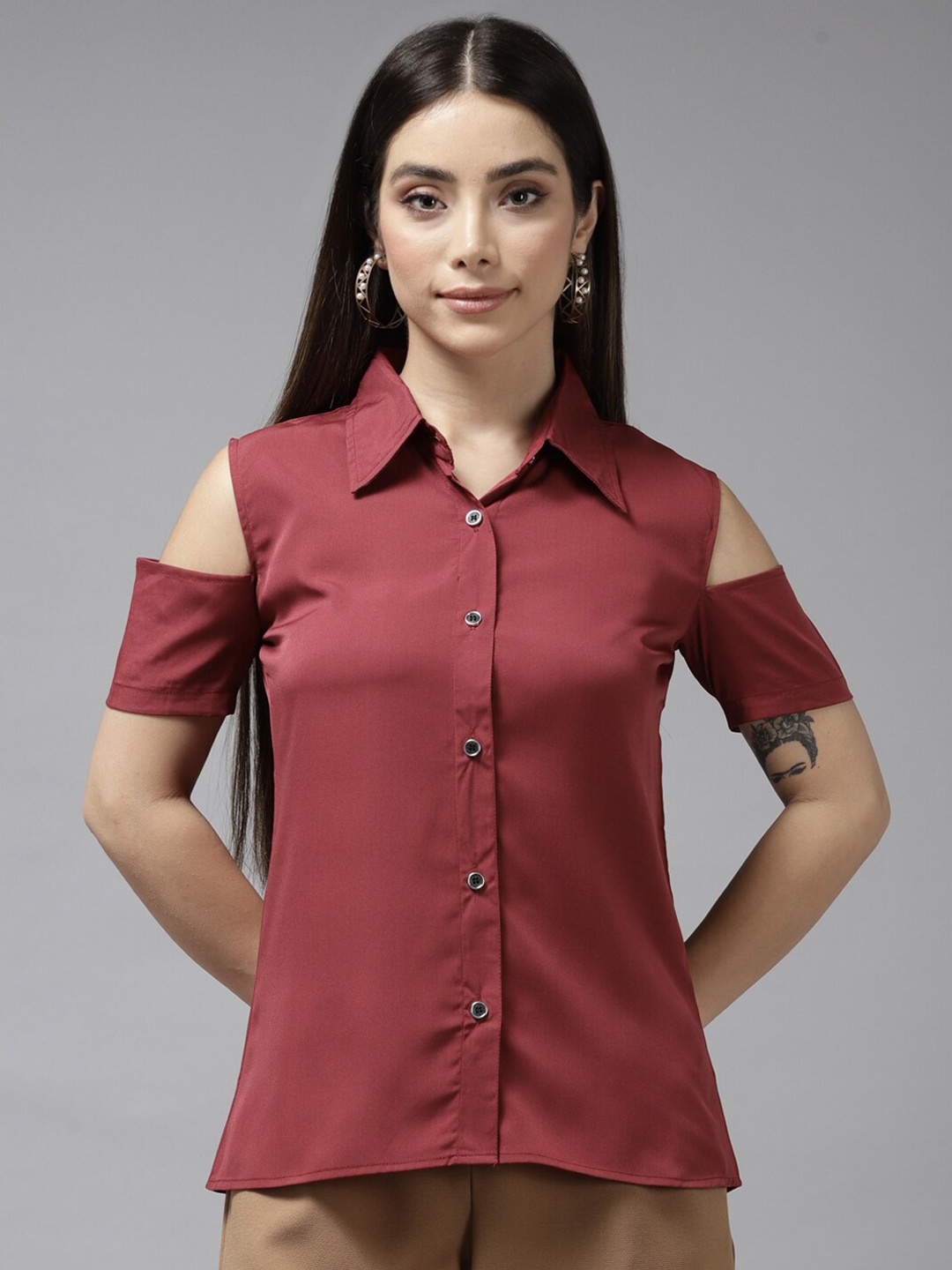

BAESD Cold-Shoulder Georgette Shirt Style Top, Maroon