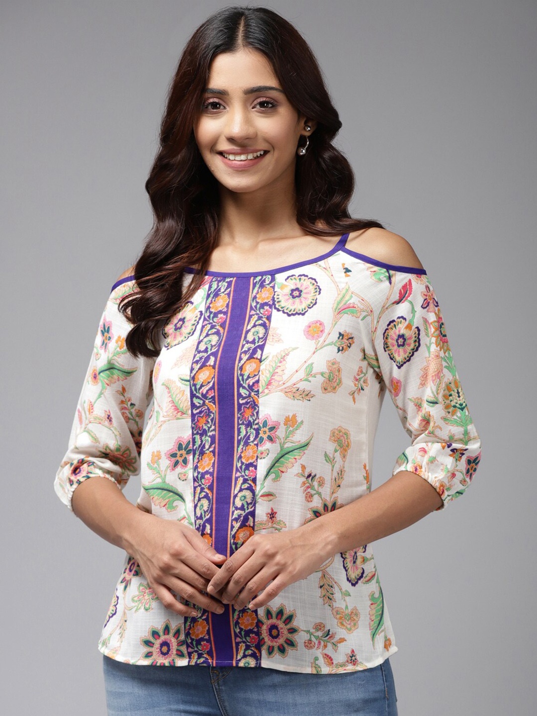 

BAESD Round Neck Floral Printed Georgette Top, Blue