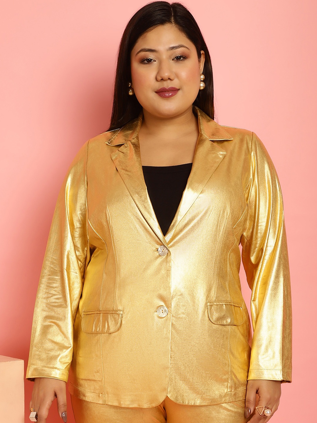 

theRebelinme Plus Size Notched Lapel Collar Single-Breasted Casual Blazer, Gold