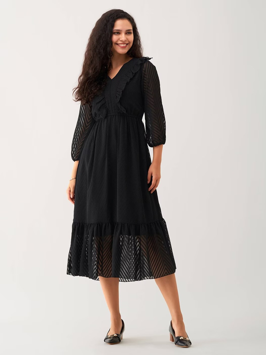 

SIDYAL Chevron Pattern Puff Sleeve Georgette Fit & Flare Dress, Black