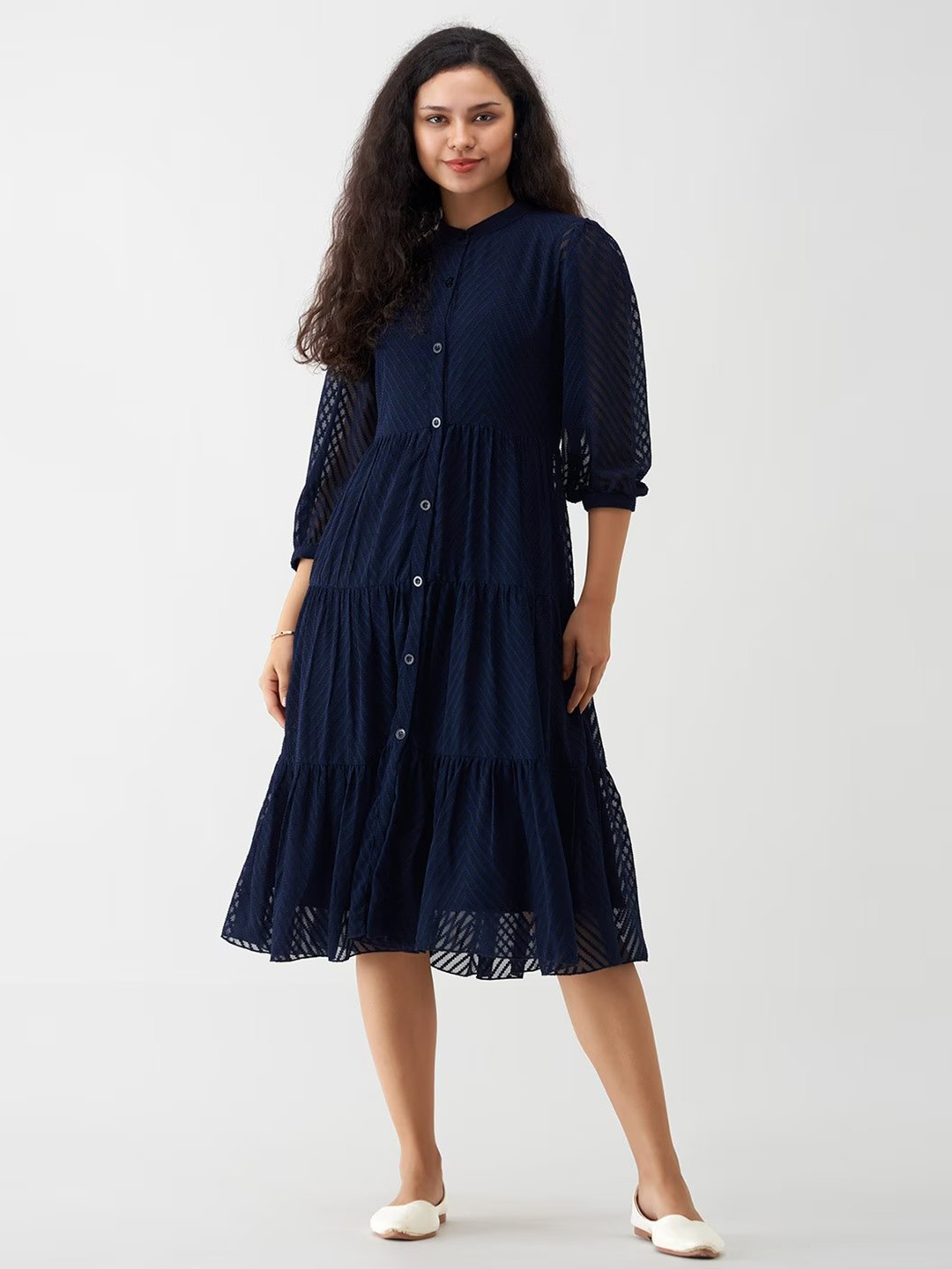 

SIDYAL Chevron Pattern Georgette Fit & Flare Midi Dress, Navy blue