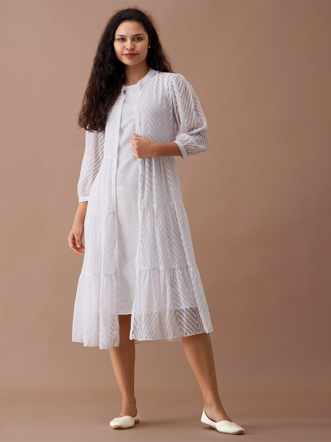 

SIDYAL Chevron Pattern Georgette A-Line Midi Dress, White