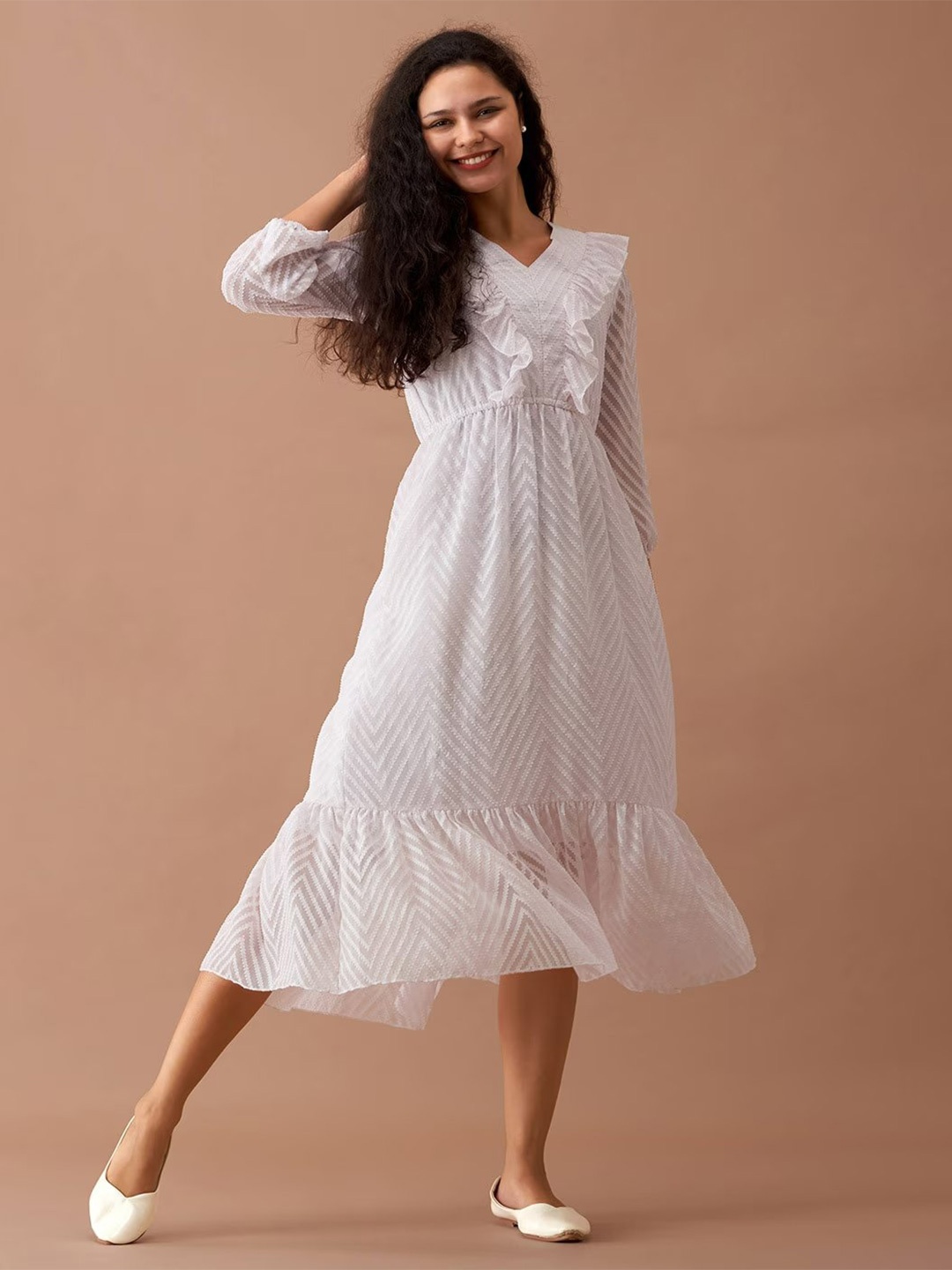 

SIDYAL Chevron Pattern Georgette Fit & Flare Midi Dress, White