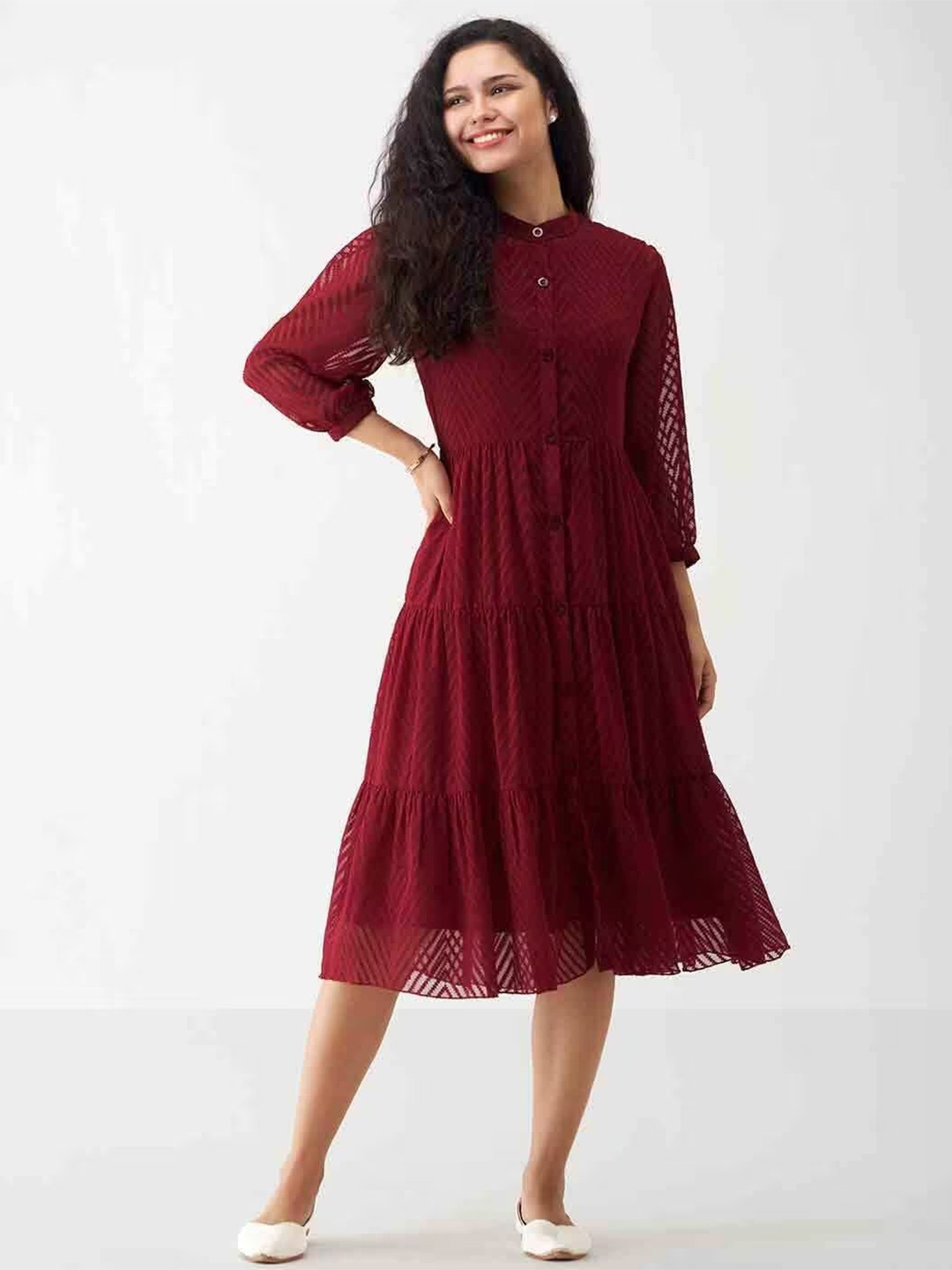 

SIDYAL Chevron Pattern Georgette Fit & Flare Midi Dress, Maroon