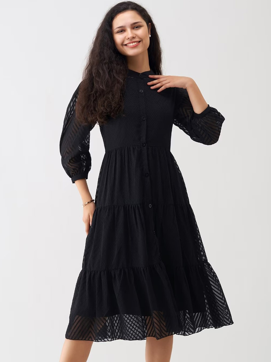 

SIDYAL Chevron Self Design Band Collar Georgette Fit and Flare Midi Dress, Black