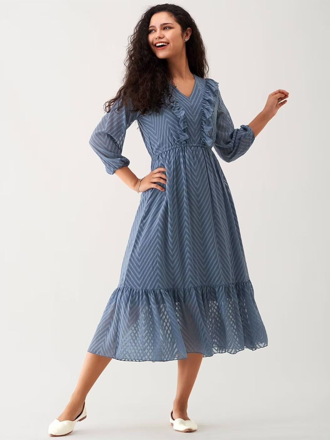 

SIDYAL Chevron Self Design Georgette Fit and Flare Midi Dress, Turquoise blue