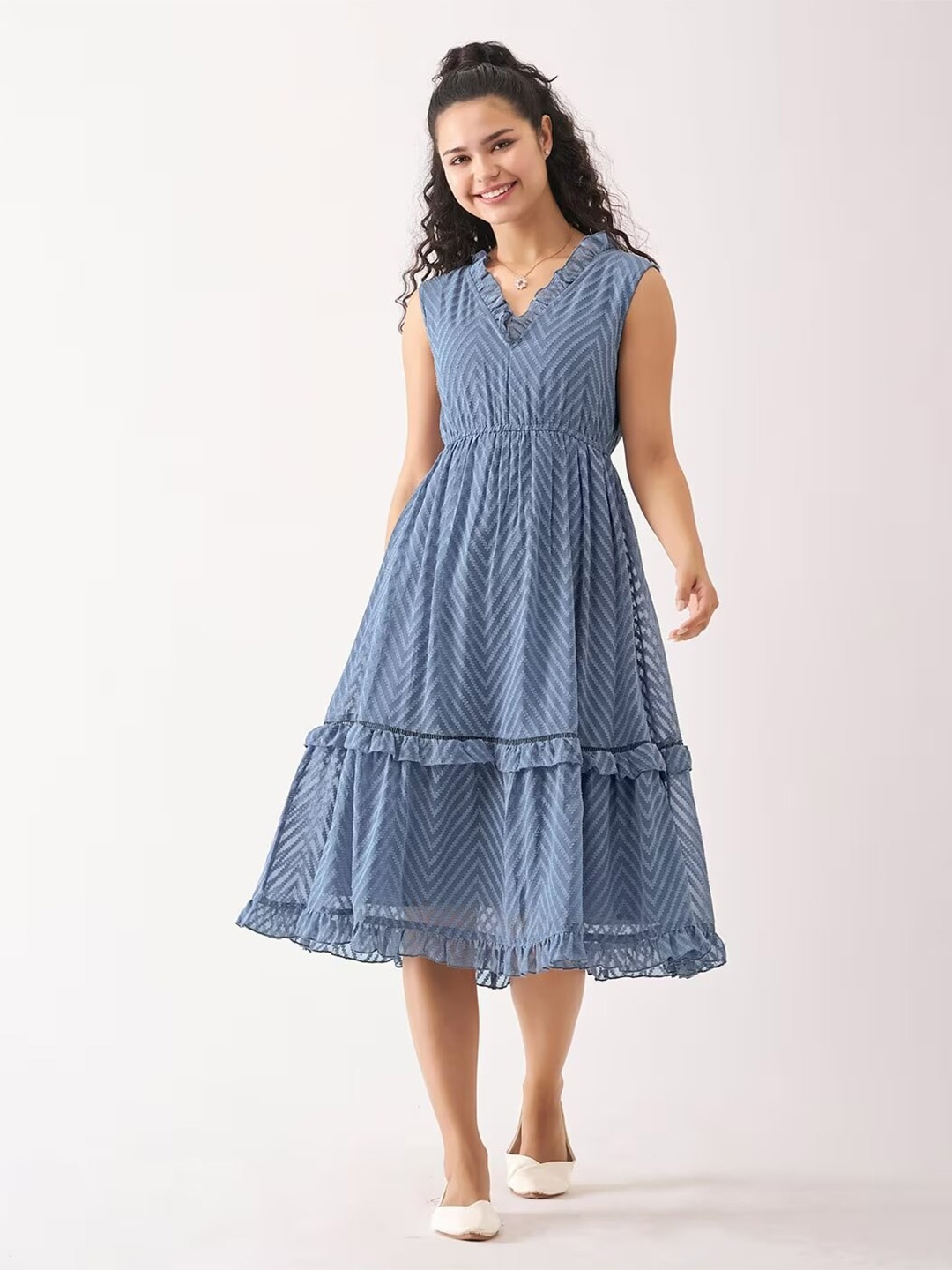 

SIDYAL Chevron Self Design Georgette Fit and Flare Midi Dress, Turquoise blue